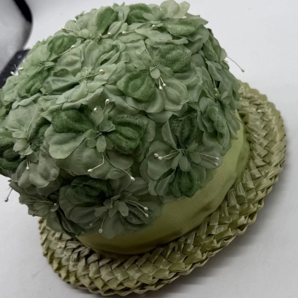 VTG Wilk's Green Floral Straw Pillbox Hat Original Box Mid Century union 50s 60s